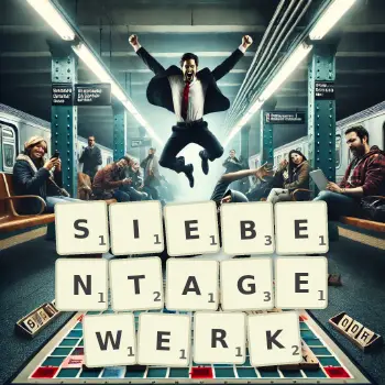 Kreative Illustration für ein Scrabble-Spiel, bei dem das Wort SIEBENTAGEWERK mit Steinen auf dem Brett gelegt wurde.