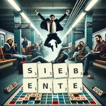 Kreative Illustration für ein Scrabble-Spiel, bei dem das Wort SIEBENTE mit Steinen auf dem Brett gelegt wurde.