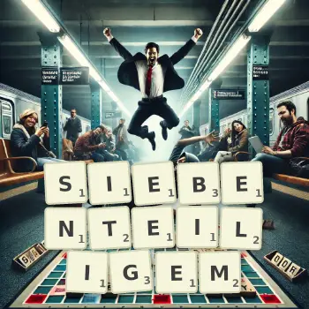 Kreative Illustration für ein Scrabble-Spiel, bei dem das Wort SIEBENTEILIGEM mit Steinen auf dem Brett gelegt wurde.