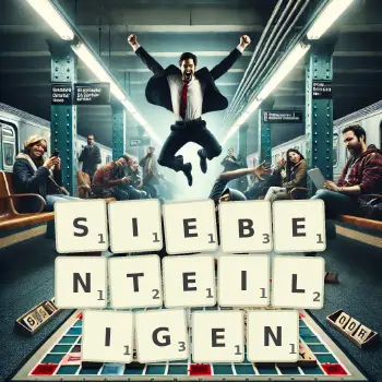 Kreative Illustration für ein Scrabble-Spiel, bei dem das Wort SIEBENTEILIGEN mit Steinen auf dem Brett gelegt wurde.