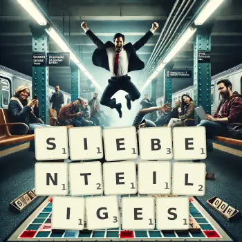 Kreative Illustration für ein Scrabble-Spiel, bei dem das Wort SIEBENTEILIGES mit Steinen auf dem Brett gelegt wurde.