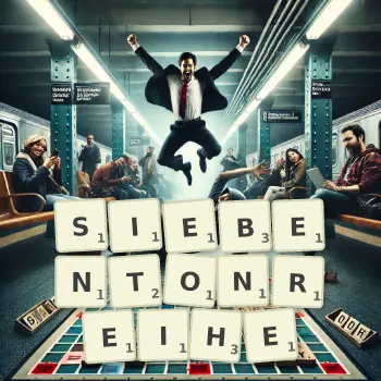 Kreative Illustration für ein Scrabble-Spiel, bei dem das Wort SIEBENTONREIHE mit Steinen auf dem Brett gelegt wurde.