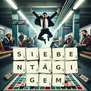 Kreative Illustration für ein Scrabble-Spiel, bei dem das Wort SIEBENTÄGIGEM mit Steinen auf dem Brett gelegt wurde.