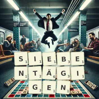 Kreative Illustration für ein Scrabble-Spiel, bei dem das Wort SIEBENTÄGIGEN mit Steinen auf dem Brett gelegt wurde.