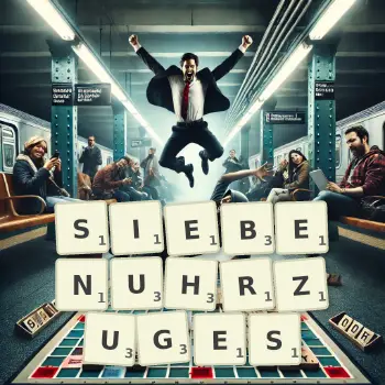 Kreative Illustration für ein Scrabble-Spiel, bei dem das Wort SIEBENUHRZUGES mit Steinen auf dem Brett gelegt wurde.