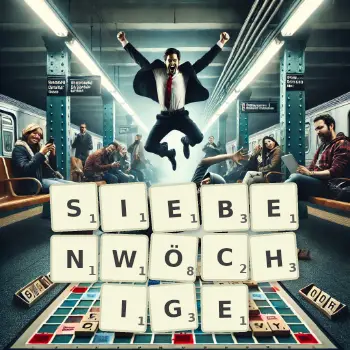 Kreative Illustration für ein Scrabble-Spiel, bei dem das Wort SIEBENWÖCHIGE mit Steinen auf dem Brett gelegt wurde.