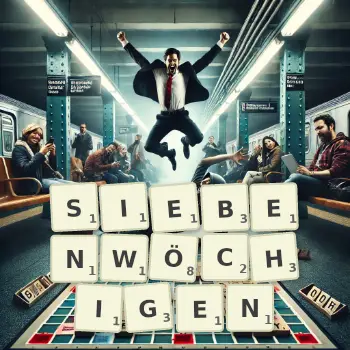 Kreative Illustration für ein Scrabble-Spiel, bei dem das Wort SIEBENWÖCHIGEN mit Steinen auf dem Brett gelegt wurde.