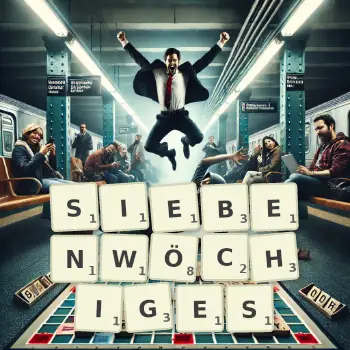 Kreative Illustration für ein Scrabble-Spiel, bei dem das Wort SIEBENWÖCHIGES mit Steinen auf dem Brett gelegt wurde.