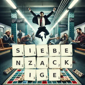 Kreative Illustration für ein Scrabble-Spiel, bei dem das Wort SIEBENZACKIGE mit Steinen auf dem Brett gelegt wurde.