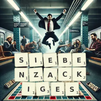 Kreative Illustration für ein Scrabble-Spiel, bei dem das Wort SIEBENZACKIGES mit Steinen auf dem Brett gelegt wurde.