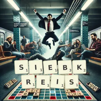 Kreative Illustration für ein Scrabble-Spiel, bei dem das Wort SIEBKREIS mit Steinen auf dem Brett gelegt wurde.