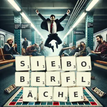 Kreative Illustration für ein Scrabble-Spiel, bei dem das Wort SIEBOBERFLÄCHE mit Steinen auf dem Brett gelegt wurde.