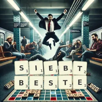 Kreative Illustration für ein Scrabble-Spiel, bei dem das Wort SIEBTBESTE mit Steinen auf dem Brett gelegt wurde.