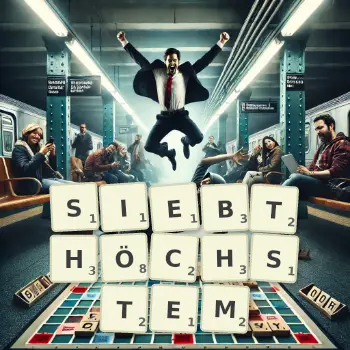 Kreative Illustration für ein Scrabble-Spiel, bei dem das Wort SIEBTHÖCHSTEM mit Steinen auf dem Brett gelegt wurde.