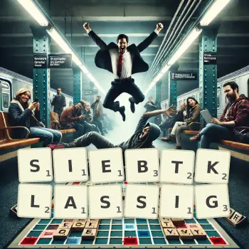 Kreative Illustration für ein Scrabble-Spiel, bei dem das Wort SIEBTKLASSIG mit Steinen auf dem Brett gelegt wurde.