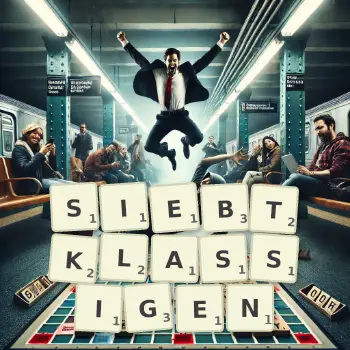 Kreative Illustration für ein Scrabble-Spiel, bei dem das Wort SIEBTKLASSIGEN mit Steinen auf dem Brett gelegt wurde.