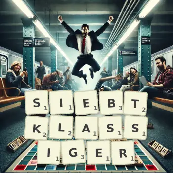 Kreative Illustration für ein Scrabble-Spiel, bei dem das Wort SIEBTKLASSIGER mit Steinen auf dem Brett gelegt wurde.