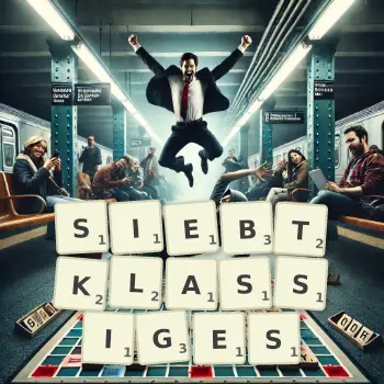 Kreative Illustration für ein Scrabble-Spiel, bei dem das Wort SIEBTKLASSIGES mit Steinen auf dem Brett gelegt wurde.