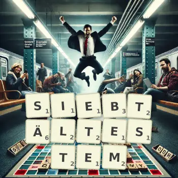 Kreative Illustration für ein Scrabble-Spiel, bei dem das Wort SIEBTÄLTESTEM mit Steinen auf dem Brett gelegt wurde.