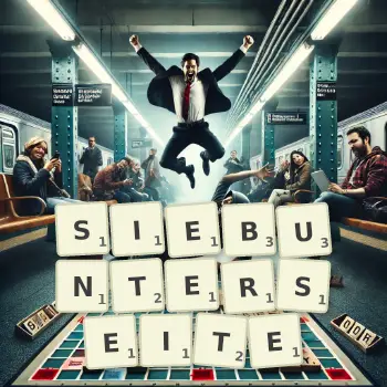 Kreative Illustration für ein Scrabble-Spiel, bei dem das Wort SIEBUNTERSEITE mit Steinen auf dem Brett gelegt wurde.