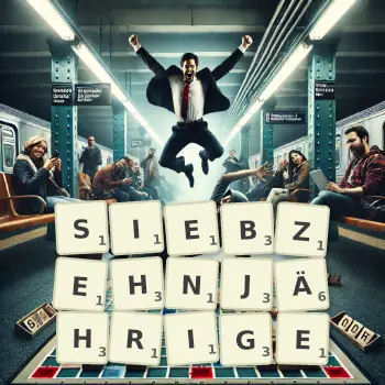 Kreative Illustration für ein Scrabble-Spiel, bei dem das Wort SIEBZEHNJÄHRIGE mit Steinen auf dem Brett gelegt wurde.