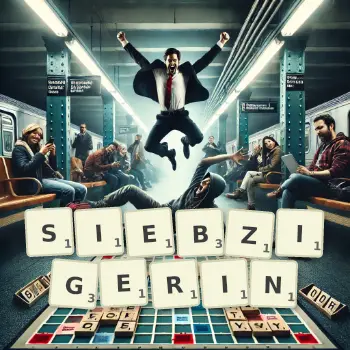 Kreative Illustration für ein Scrabble-Spiel, bei dem das Wort SIEBZIGERIN mit Steinen auf dem Brett gelegt wurde.