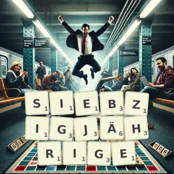 Kreative Illustration für ein Scrabble-Spiel, bei dem das Wort SIEBZIGJÄHRIGE mit Steinen auf dem Brett gelegt wurde.