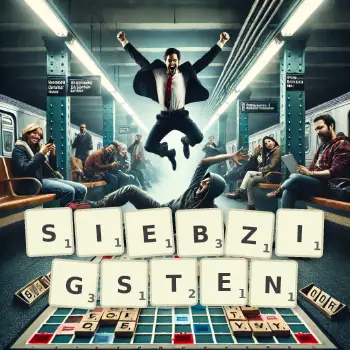 Kreative Illustration für ein Scrabble-Spiel, bei dem das Wort SIEBZIGSTEN mit Steinen auf dem Brett gelegt wurde.