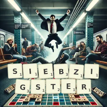 Kreative Illustration für ein Scrabble-Spiel, bei dem das Wort SIEBZIGSTER mit Steinen auf dem Brett gelegt wurde.