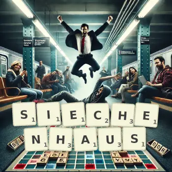 Kreative Illustration für ein Scrabble-Spiel, bei dem das Wort SIECHENHAUS mit Steinen auf dem Brett gelegt wurde.