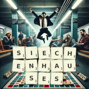 Kreative Illustration für ein Scrabble-Spiel, bei dem das Wort SIECHENHAUSES mit Steinen auf dem Brett gelegt wurde.