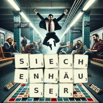 Kreative Illustration für ein Scrabble-Spiel, bei dem das Wort SIECHENHÄUSER mit Steinen auf dem Brett gelegt wurde.