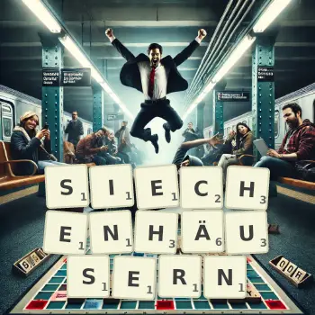 Kreative Illustration für ein Scrabble-Spiel, bei dem das Wort SIECHENHÄUSERN mit Steinen auf dem Brett gelegt wurde.