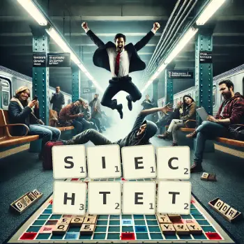 Kreative Illustration für ein Scrabble-Spiel, bei dem das Wort SIECHTET mit Steinen auf dem Brett gelegt wurde.