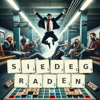 Kreative Illustration für ein Scrabble-Spiel, bei dem das Wort SIEDEGRADEN mit Steinen auf dem Brett gelegt wurde.