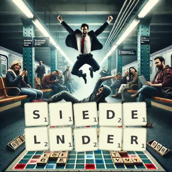 Kreative Illustration für ein Scrabble-Spiel, bei dem das Wort SIEDELNDER mit Steinen auf dem Brett gelegt wurde.