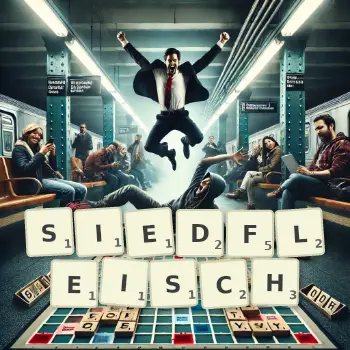 Kreative Illustration für ein Scrabble-Spiel, bei dem das Wort SIEDFLEISCH mit Steinen auf dem Brett gelegt wurde.