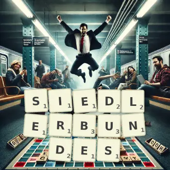 Kreative Illustration für ein Scrabble-Spiel, bei dem das Wort SIEDLERBUNDES mit Steinen auf dem Brett gelegt wurde.