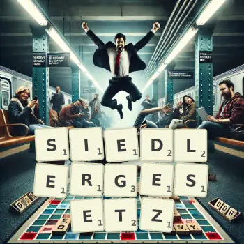 Kreative Illustration für ein Scrabble-Spiel, bei dem das Wort SIEDLERGESETZ mit Steinen auf dem Brett gelegt wurde.