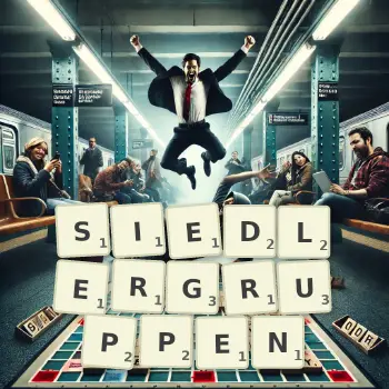 Kreative Illustration für ein Scrabble-Spiel, bei dem das Wort SIEDLERGRUPPEN mit Steinen auf dem Brett gelegt wurde.