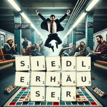 Kreative Illustration für ein Scrabble-Spiel, bei dem das Wort SIEDLERHÄUSER mit Steinen auf dem Brett gelegt wurde.