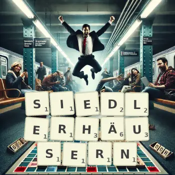 Kreative Illustration für ein Scrabble-Spiel, bei dem das Wort SIEDLERHÄUSERN mit Steinen auf dem Brett gelegt wurde.