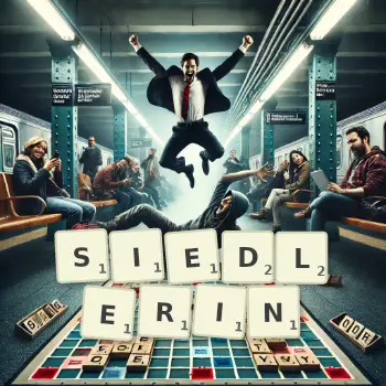 Kreative Illustration für ein Scrabble-Spiel, bei dem das Wort SIEDLERIN mit Steinen auf dem Brett gelegt wurde.