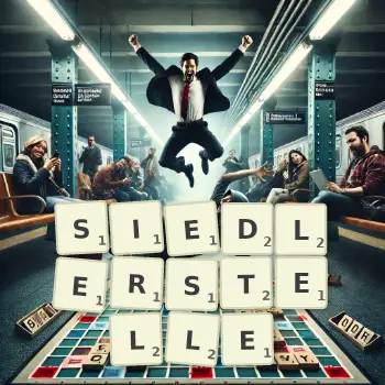 Kreative Illustration für ein Scrabble-Spiel, bei dem das Wort SIEDLERSTELLE mit Steinen auf dem Brett gelegt wurde.