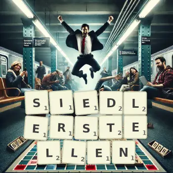 Kreative Illustration für ein Scrabble-Spiel, bei dem das Wort SIEDLERSTELLEN mit Steinen auf dem Brett gelegt wurde.