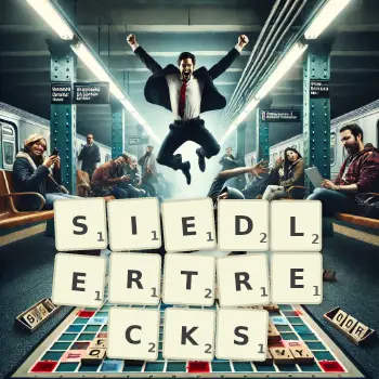 Kreative Illustration für ein Scrabble-Spiel, bei dem das Wort SIEDLERTRECKS mit Steinen auf dem Brett gelegt wurde.