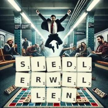 Kreative Illustration für ein Scrabble-Spiel, bei dem das Wort SIEDLERWELLEN mit Steinen auf dem Brett gelegt wurde.