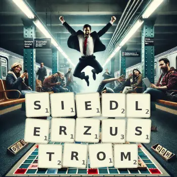 Kreative Illustration für ein Scrabble-Spiel, bei dem das Wort SIEDLERZUSTROM mit Steinen auf dem Brett gelegt wurde.