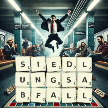 Kreative Illustration für ein Scrabble-Spiel, bei dem das Wort SIEDLUNGSABFALL mit Steinen auf dem Brett gelegt wurde.