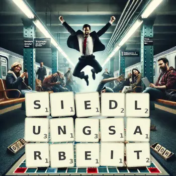 Kreative Illustration für ein Scrabble-Spiel, bei dem das Wort SIEDLUNGSARBEIT mit Steinen auf dem Brett gelegt wurde.